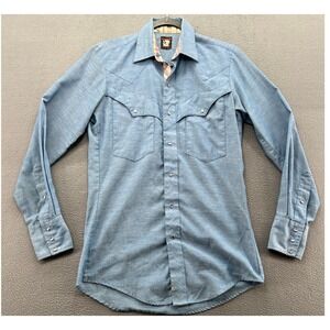 Vintage Karman Mens Small Blue Western Pearl Snap Shirt Plaid Trim Long Sleeve